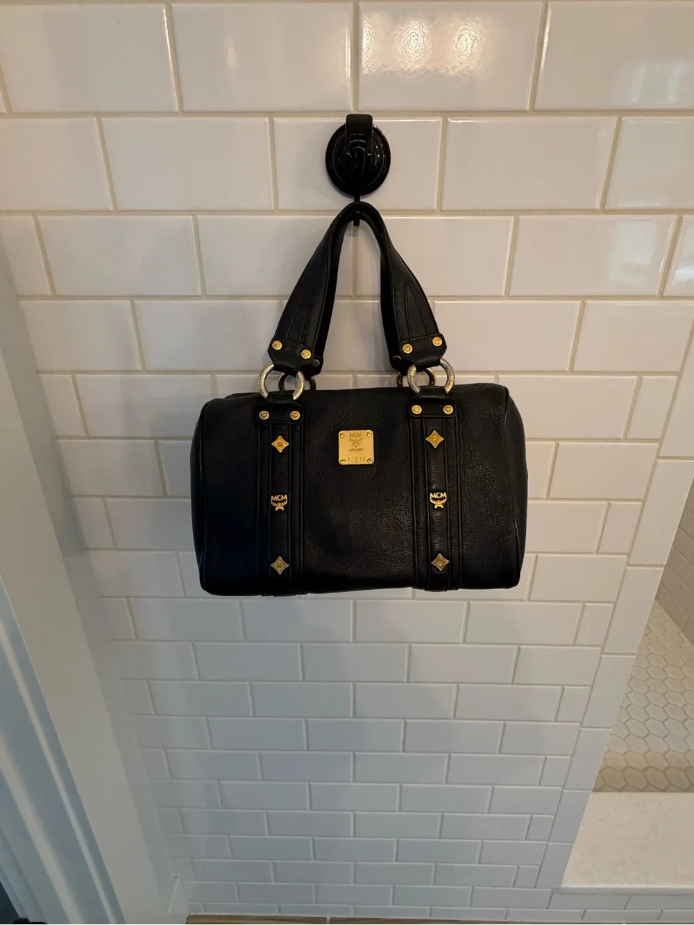 MCM Black Leather Satchel with Gold Plaque and Hardware - Picture 1 of 7